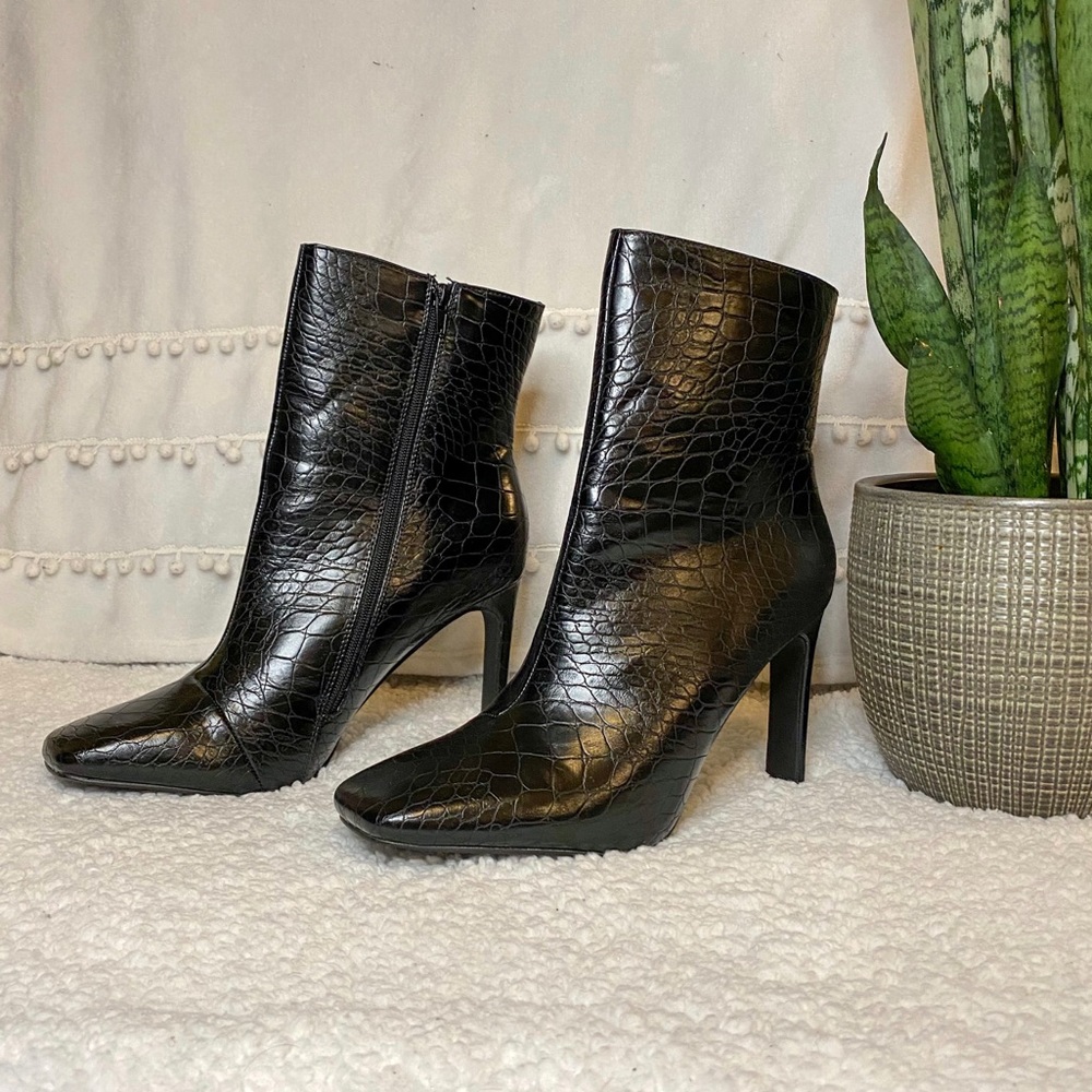 Faux Leather Crocodile Heeled Booties